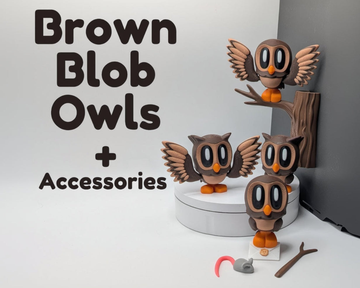 Brown Blob Owls with accessories on a white background