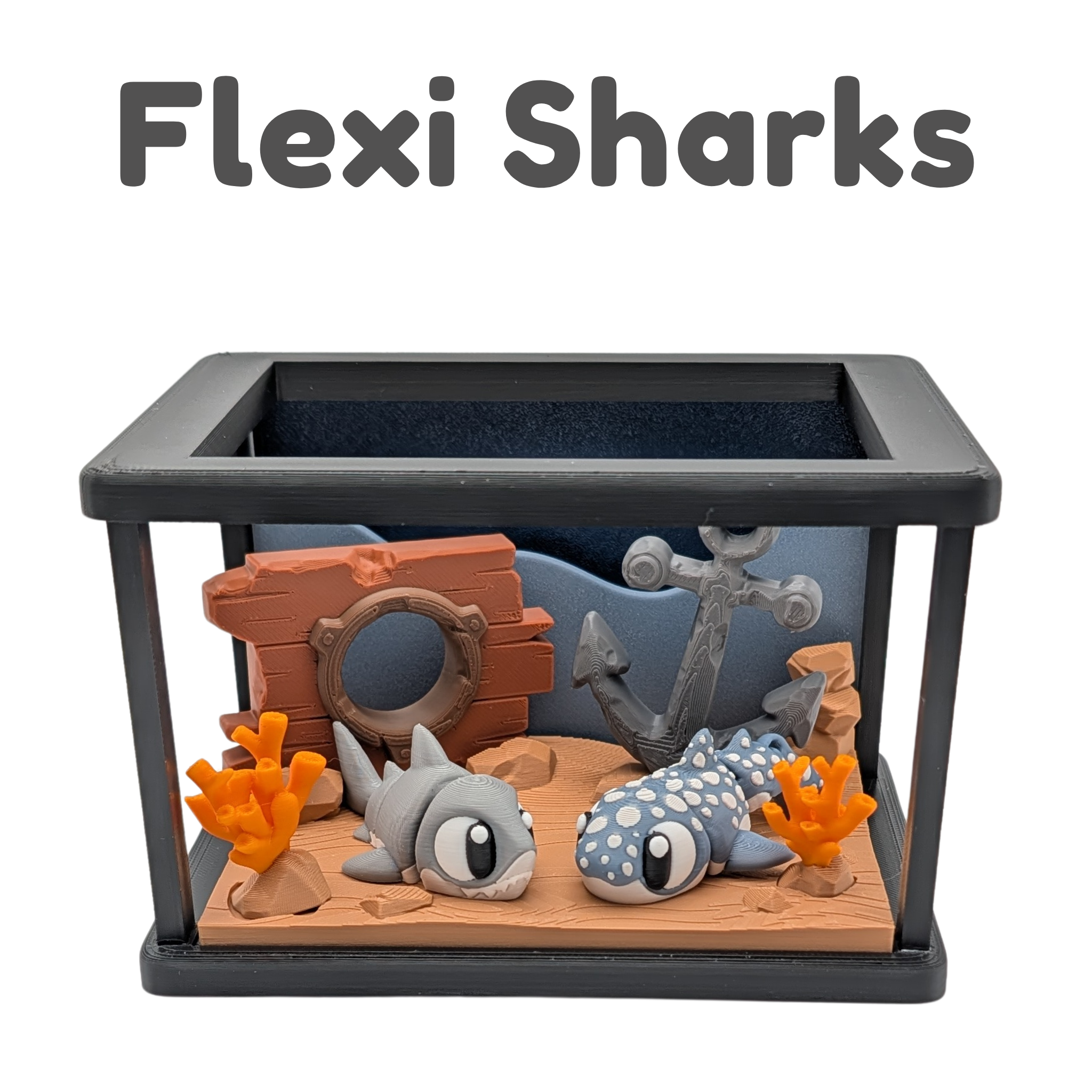 Flexi Shark & Whale Shark Fidget 3d Printed Toy, Deep Sea Playset Tank