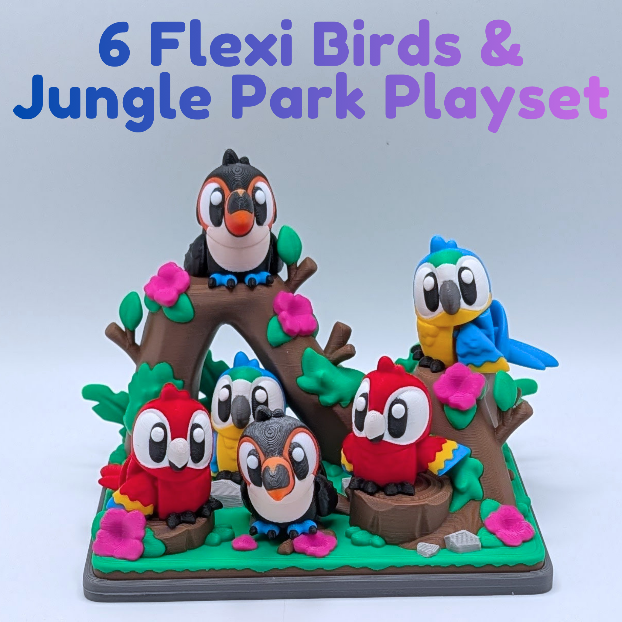 Articulated Jungle Birds and Park Playset - Flexi Toucan, Scarlet Macaw, Blue Macaw