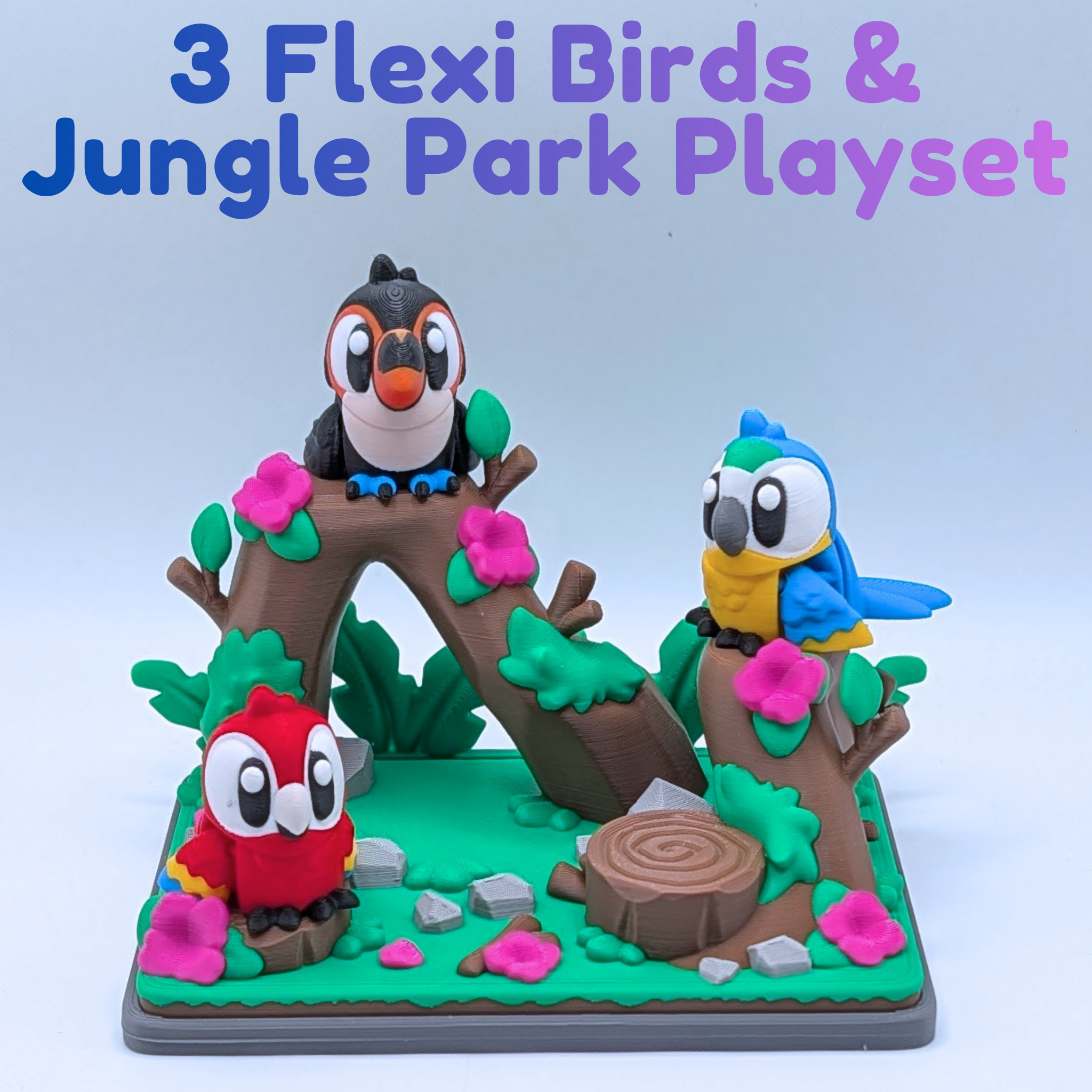 Articulated Jungle Birds and Park Playset - Flexi Toucan, Scarlet Macaw, Blue Macaw
